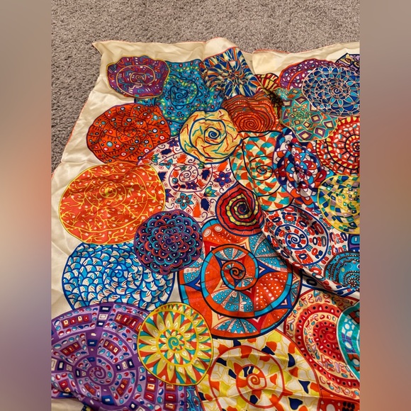 Silk Scarf 100% Colorful Square 42”x42” Bohemian Festival Artsy Hippie Lagenlook - Picture 7 of 8